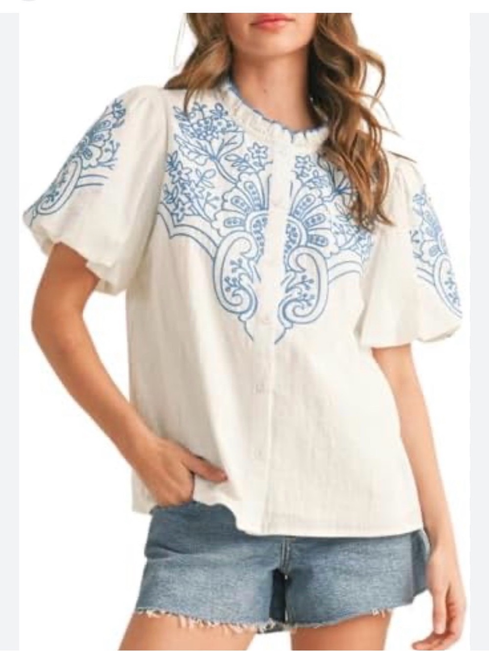 Embroidered Puff-Sleeve White Top with Blue Detailing